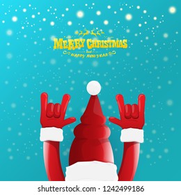 vector cartoon rock n roll Santa Claus character with gold calligraphic greeting text on azure background with snowflakes. Violet Merry Christmas Rock n roll party poster design or greeting card.