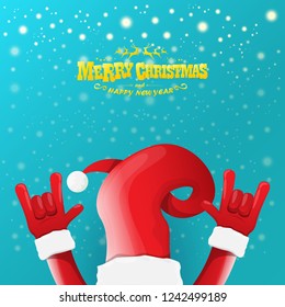 vector cartoon rock n roll Santa Claus character with gold calligraphic greeting text on azure background with snowflakes. Violet Merry Christmas Rock n roll party poster design or greeting card.