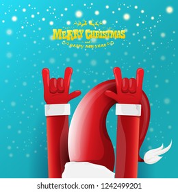 vector cartoon rock n roll Santa Claus character with gold calligraphic greeting text on azure background with snowflakes. Violet Merry Christmas Rock n roll party poster design or greeting card.