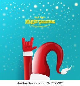 vector cartoon rock n roll Santa Claus character with gold calligraphic greeting text on azure background with snowflakes. Violet Merry Christmas Rock n roll party poster design or greeting card.