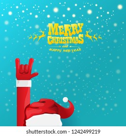 vector cartoon rock n roll Santa Claus character with gold calligraphic greeting text on azure background with snowflakes. Violet Merry Christmas Rock n roll party poster design or greeting card.