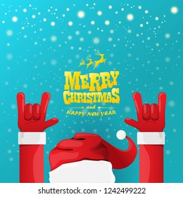 vector cartoon rock n roll Santa Claus character with gold calligraphic greeting text on azure background with snowflakes. Violet Merry Christmas Rock n roll party poster design or greeting card.