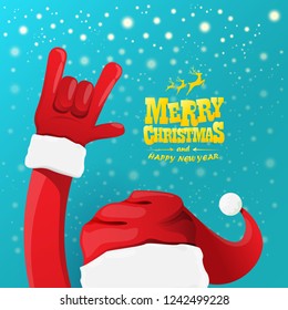 vector cartoon rock n roll Santa Claus character with gold calligraphic greeting text on azure background with snowflakes. Violet Merry Christmas Rock n roll party poster design or greeting card.