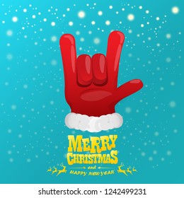 vector cartoon rock n roll Santa Claus character with gold calligraphic greeting text on azure background with snowflakes. Violet Merry Christmas Rock n roll party poster design or greeting card.