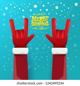 vector cartoon rock n roll Santa Claus character with gold calligraphic greeting text on azure background with snowflakes. Violet Merry Christmas Rock n roll party poster design or greeting card.
