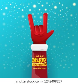 vector cartoon rock n roll Santa Claus character with gold calligraphic greeting text on azure background with snowflakes. Violet Merry Christmas Rock n roll party poster design or greeting card.