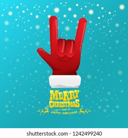 vector cartoon rock n roll Santa Claus character with gold calligraphic greeting text on azure background with snowflakes. Violet Merry Christmas Rock n roll party poster design or greeting card.