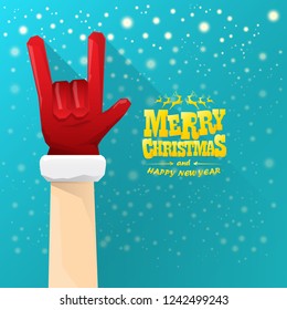 vector cartoon rock n roll Santa Claus character with gold calligraphic greeting text on azure background with snowflakes. Violet Merry Christmas Rock n roll party poster design or greeting card.