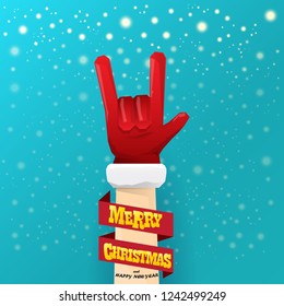 vector cartoon rock n roll Santa Claus character with gold calligraphic greeting text on azure background with snowflakes. Violet Merry Christmas Rock n roll party poster design or greeting card.