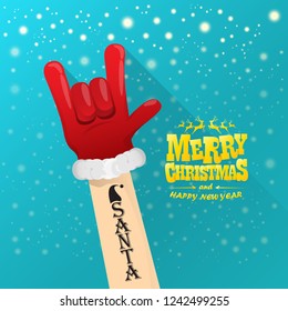 vector cartoon rock n roll Santa Claus character with gold calligraphic greeting text on azure background with snowflakes. Violet Merry Christmas Rock n roll party poster design or greeting card.