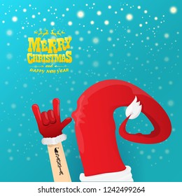 vector cartoon rock n roll Santa Claus character with gold calligraphic greeting text on azure background with snowflakes. Violet Merry Christmas Rock n roll party poster design or greeting card.