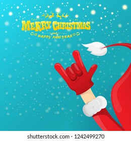 vector cartoon rock n roll Santa Claus character with gold calligraphic greeting text on azure background with snowflakes. Violet Merry Christmas Rock n roll party poster design or greeting card.