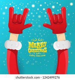 vector cartoon rock n roll Santa Claus character with gold calligraphic greeting text on azure background with snowflakes. Violet Merry Christmas Rock n roll party poster design or greeting card.