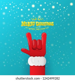 vector cartoon rock n roll Santa Claus character with gold calligraphic greeting text on azure background with snowflakes. Violet Merry Christmas Rock n roll party poster design or greeting card.