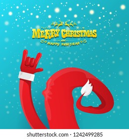 vector cartoon rock n roll Santa Claus character with gold calligraphic greeting text on azure background with snowflakes. Violet Merry Christmas Rock n roll party poster design or greeting card.