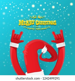 vector cartoon rock n roll Santa Claus character with gold calligraphic greeting text on azure background with snowflakes. Violet Merry Christmas Rock n roll party poster design or greeting card.