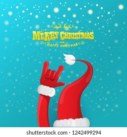 vector cartoon rock n roll Santa Claus character with gold calligraphic greeting text on azure background with snowflakes. Violet Merry Christmas Rock n roll party poster design or greeting card.
