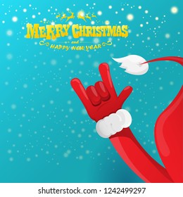 vector cartoon rock n roll Santa Claus character with gold calligraphic greeting text on azure background with snowflakes. Violet Merry Christmas Rock n roll party poster design or greeting card.