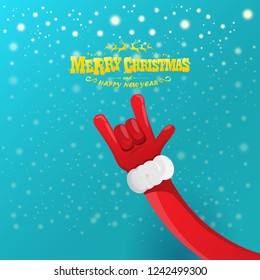 vector cartoon rock n roll Santa Claus character with gold calligraphic greeting text on azure background with snowflakes. Violet Merry Christmas Rock n roll party poster design or greeting card.