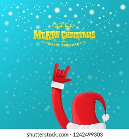 vector cartoon rock n roll Santa Claus character with gold calligraphic greeting text on azure background with snowflakes. Violet Merry Christmas Rock n roll party poster design or greeting card.
