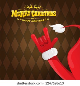 vector cartoon rock n roll Santa Claus character with gold calligraphic greeting text on brown plaid background. Violet Merry Christmas Rock n roll party poster design or greeting card.
