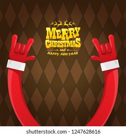 vector cartoon rock n roll Santa Claus character with gold calligraphic greeting text on brown plaid background. Violet Merry Christmas Rock n roll party poster design or greeting card.