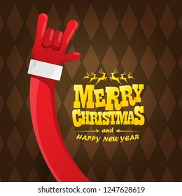 vector cartoon rock n roll Santa Claus character with gold calligraphic greeting text on brown plaid background. Violet Merry Christmas Rock n roll party poster design or greeting card.