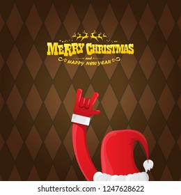 vector cartoon rock n roll Santa Claus character with gold calligraphic greeting text on brown plaid background. Violet Merry Christmas Rock n roll party poster design or greeting card.