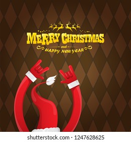 vector cartoon rock n roll Santa Claus character with gold calligraphic greeting text on brown plaid background. Violet Merry Christmas Rock n roll party poster design or greeting card.