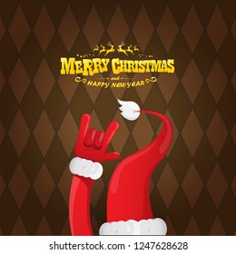 vector cartoon rock n roll Santa Claus character with gold calligraphic greeting text on brown plaid background. Violet Merry Christmas Rock n roll party poster design or greeting card.