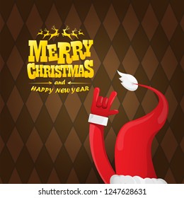 vector cartoon rock n roll Santa Claus character with gold calligraphic greeting text on brown plaid background. Violet Merry Christmas Rock n roll party poster design or greeting card.