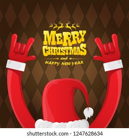 vector cartoon rock n roll Santa Claus character with gold calligraphic greeting text on brown plaid background. Violet Merry Christmas Rock n roll party poster design or greeting card.