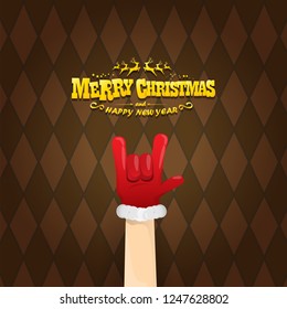 vector cartoon rock n roll Santa Claus character with gold calligraphic greeting text on brown plaid background. Violet Merry Christmas Rock n roll party poster design or greeting card.