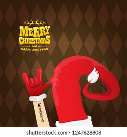 vector cartoon rock n roll Santa Claus character with gold calligraphic greeting text on brown plaid background. Violet Merry Christmas Rock n roll party poster design or greeting card.