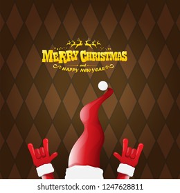 vector cartoon rock n roll Santa Claus character with gold calligraphic greeting text on brown plaid background. Violet Merry Christmas Rock n roll party poster design or greeting card.