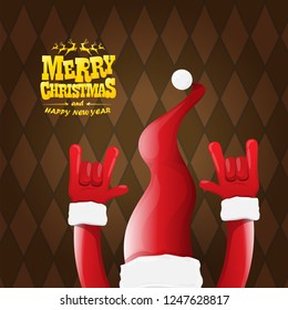 vector cartoon rock n roll Santa Claus character with gold calligraphic greeting text on brown plaid background. Violet Merry Christmas Rock n roll party poster design or greeting card.