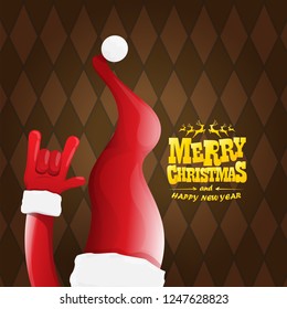 vector cartoon rock n roll Santa Claus character with gold calligraphic greeting text on brown plaid background. Violet Merry Christmas Rock n roll party poster design or greeting card.