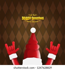 vector cartoon rock n roll Santa Claus character with gold calligraphic greeting text on brown plaid background. Violet Merry Christmas Rock n roll party poster design or greeting card.
