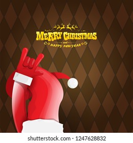 vector cartoon rock n roll Santa Claus character with gold calligraphic greeting text on brown plaid background. Violet Merry Christmas Rock n roll party poster design or greeting card.