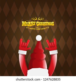 vector cartoon rock n roll Santa Claus character with gold calligraphic greeting text on brown plaid background. Violet Merry Christmas Rock n roll party poster design or greeting card.