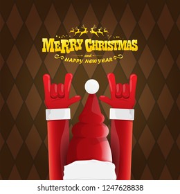 vector cartoon rock n roll Santa Claus character with gold calligraphic greeting text on brown plaid background. Violet Merry Christmas Rock n roll party poster design or greeting card.