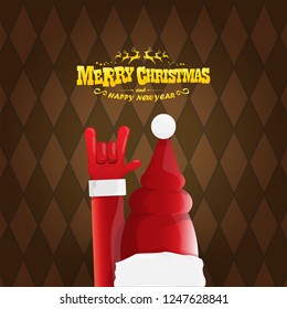 vector cartoon rock n roll Santa Claus character with gold calligraphic greeting text on brown plaid background. Violet Merry Christmas Rock n roll party poster design or greeting card.