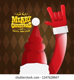 vector cartoon rock n roll Santa Claus character with gold calligraphic greeting text on brown plaid background. Violet Merry Christmas Rock n roll party poster design or greeting card.