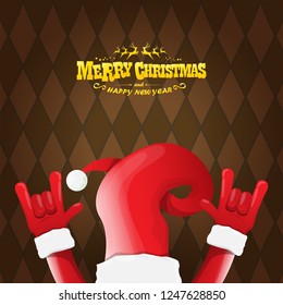 vector cartoon rock n roll Santa Claus character with gold calligraphic greeting text on brown plaid background. Violet Merry Christmas Rock n roll party poster design or greeting card.