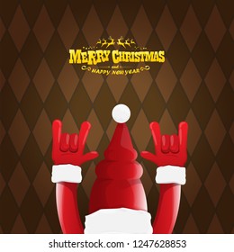 vector cartoon rock n roll Santa Claus character with gold calligraphic greeting text on brown plaid background. Violet Merry Christmas Rock n roll party poster design or greeting card.