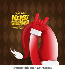 vector cartoon rock n roll Santa Claus character with gold calligraphic greeting text on brown plaid background. Violet Merry Christmas Rock n roll party poster design or greeting card.