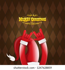 vector cartoon rock n roll Santa Claus character with gold calligraphic greeting text on brown plaid background. Violet Merry Christmas Rock n roll party poster design or greeting card.