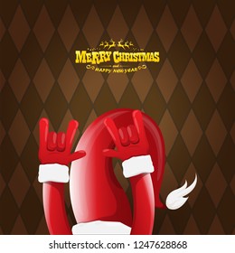 vector cartoon rock n roll Santa Claus character with gold calligraphic greeting text on brown plaid background. Violet Merry Christmas Rock n roll party poster design or greeting card.