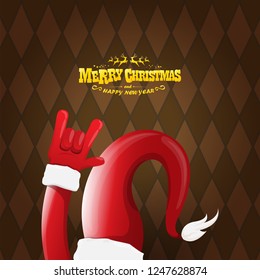vector cartoon rock n roll Santa Claus character with gold calligraphic greeting text on brown plaid background. Violet Merry Christmas Rock n roll party poster design or greeting card.