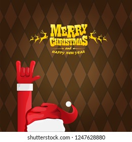 vector cartoon rock n roll Santa Claus character with gold calligraphic greeting text on brown plaid background. Violet Merry Christmas Rock n roll party poster design or greeting card.
